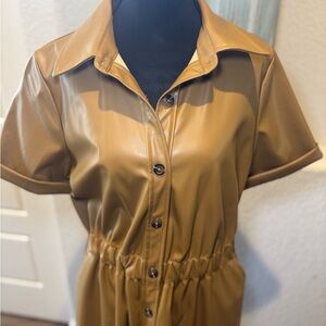 Tan Faux Leather Button-Up Dress